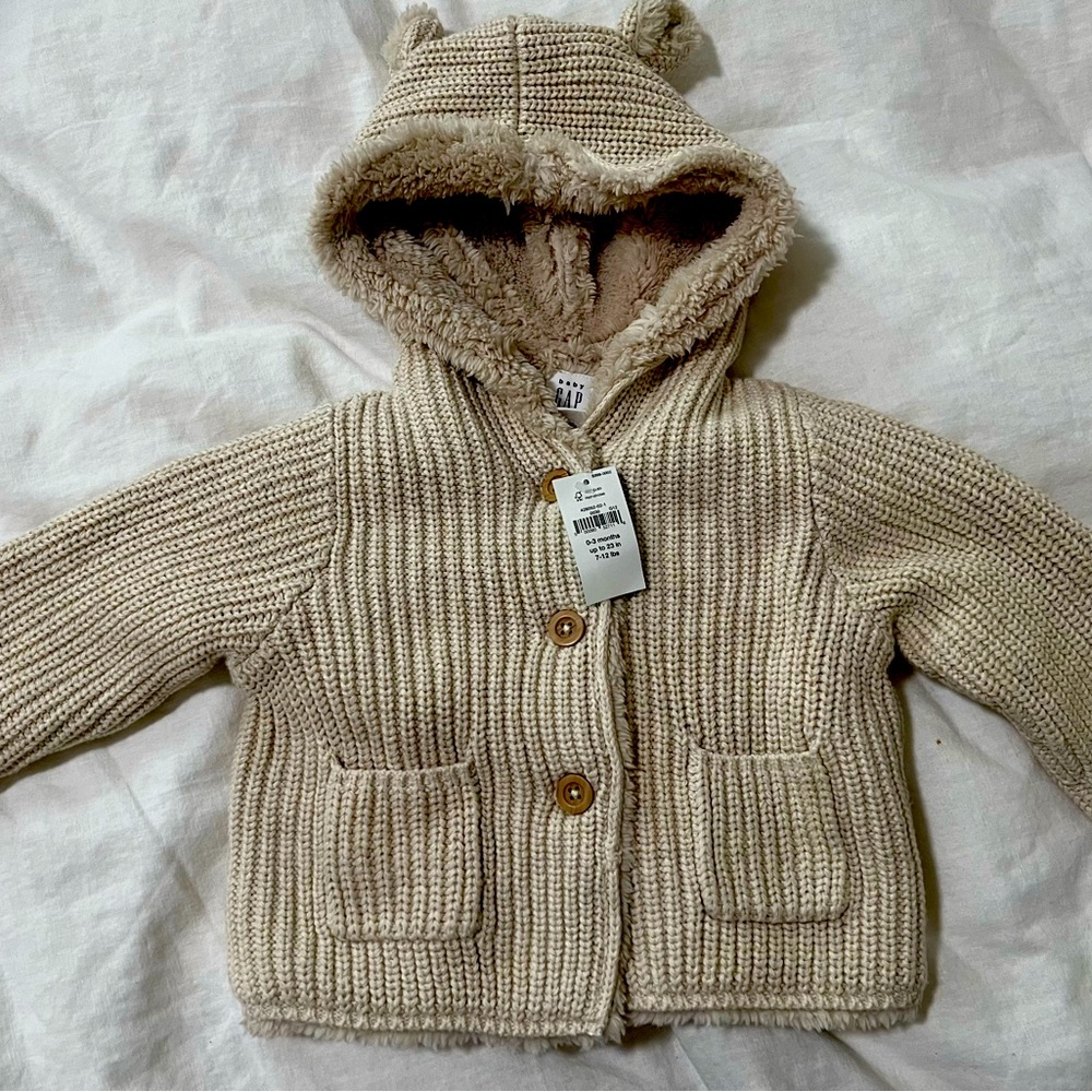 NWT Baby Gap Light Beige Sherpa Lined Knit Jacket size 0-3 mos